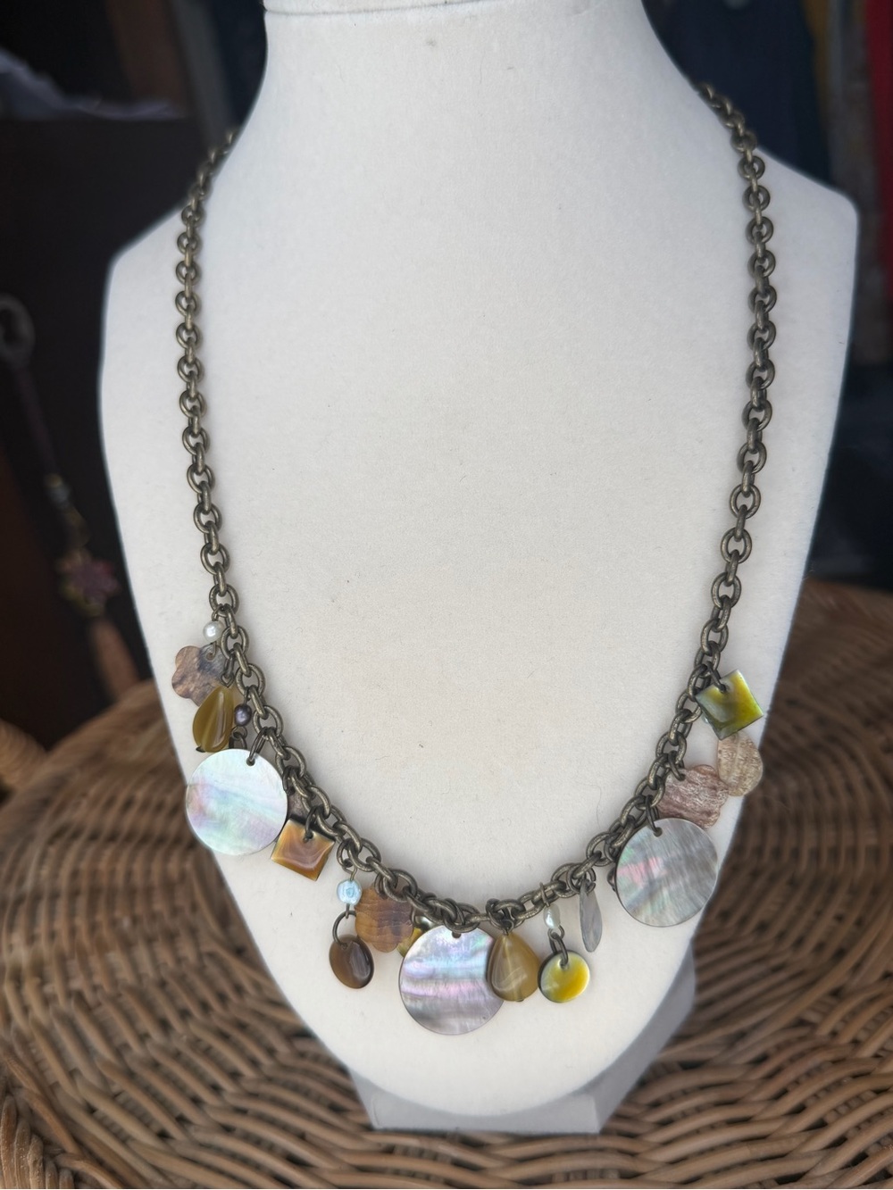 Vintage Signed Mother of Pearl Shell Charm Necklace & Earrings Set Bronze Tone